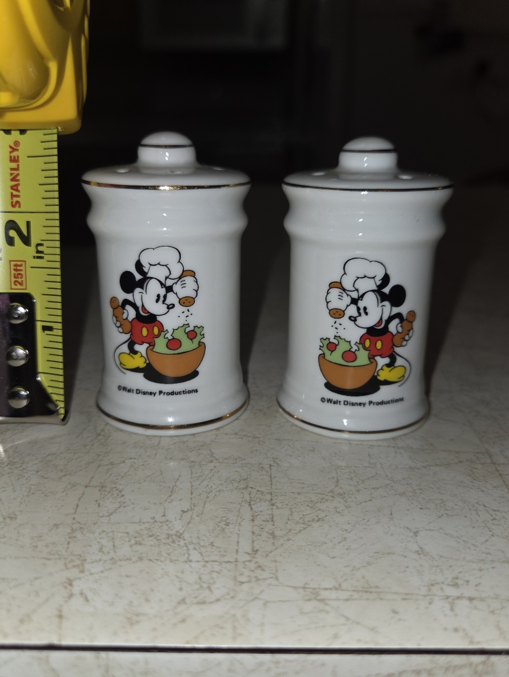 Walt Disney Mickey Chef Salt and Pepper Shakers - White with Gold Trim